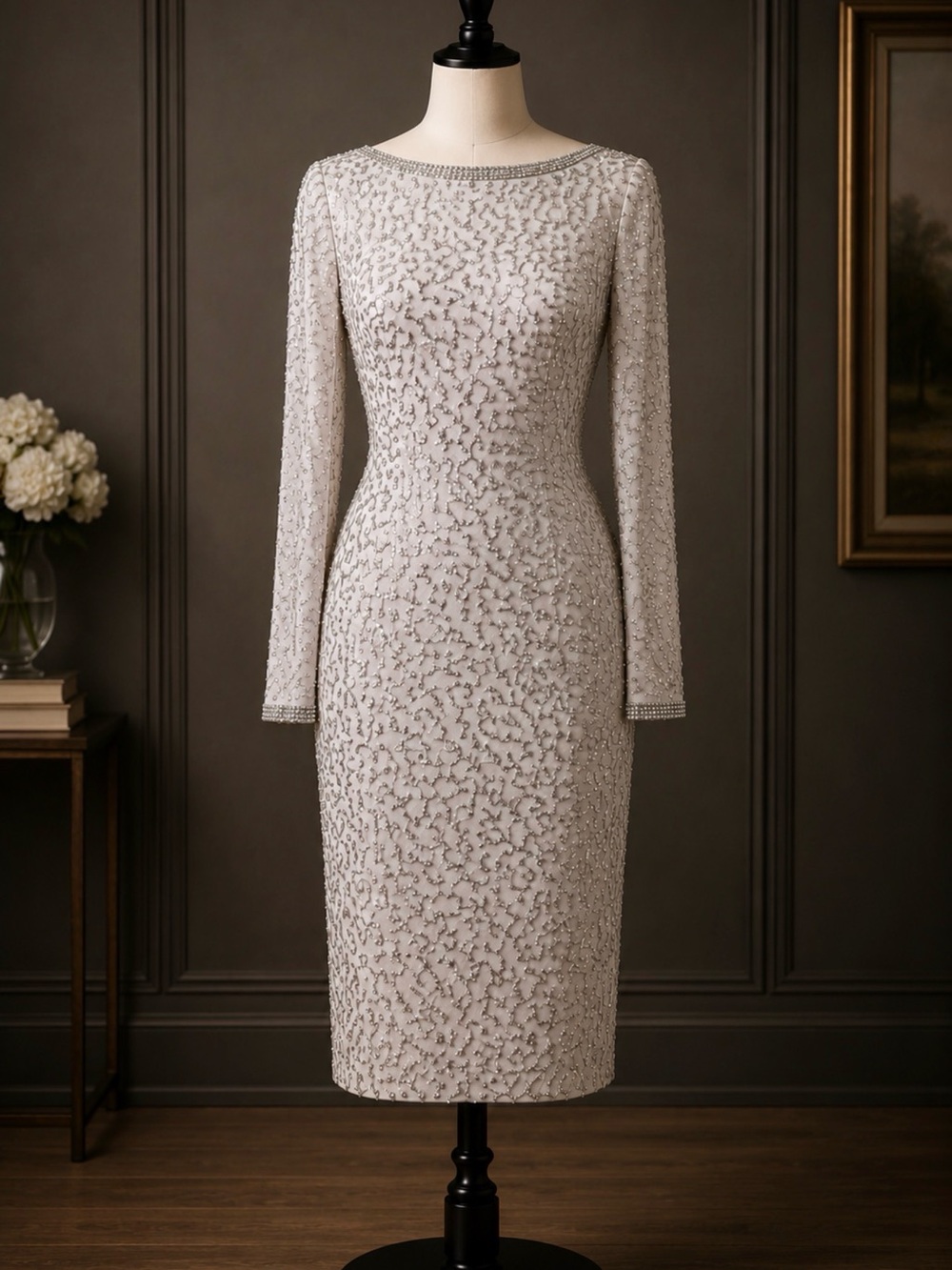 Vintage Morgan Taylor Evening 100% Silk Beaded Cocktail Dress Ivory Old Money